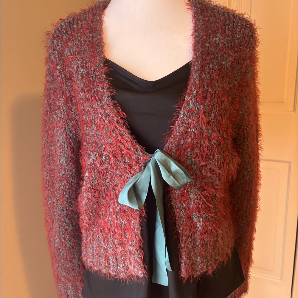 NATURAL LIFE brick red and turquoise fuzzy cardigan sweater